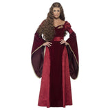 Red Medieval Queen Deluxe Women's Costume featuring a two-tone red gown with gold embroidery, long flowing sleeves, matching belt, and chain headdress.