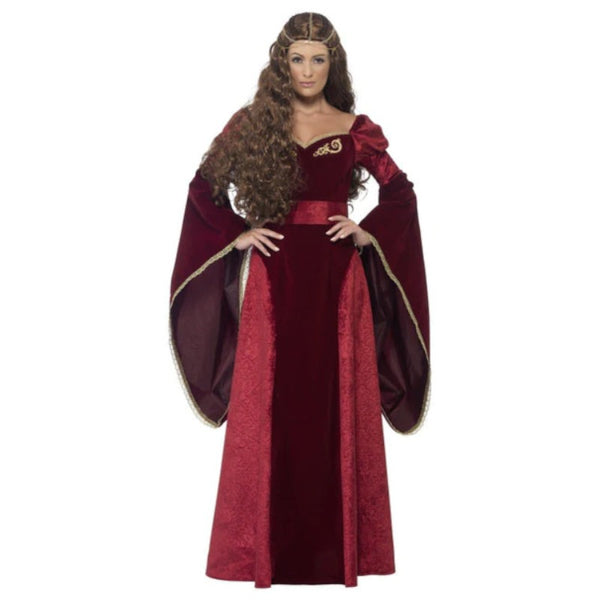 Red Medieval Queen Deluxe Women's Costume featuring a two-tone red gown with gold embroidery, long flowing sleeves, matching belt, and chain headdress.