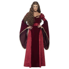 Red Medieval Queen Deluxe Women's Costume featuring a two-tone red gown with gold embroidery, long flowing sleeves, matching belt, and chain headdress.