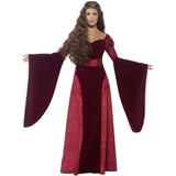 Red Medieval Queen Deluxe Women's Costume front view showing trumpet sleeves and sweet heart neckline.
