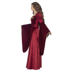 Red Medieval Queen Deluxe Women's Costume featuring a two-tone red gown with gold embroidery, long flowing sleeves, matching belt, and chain headdress.