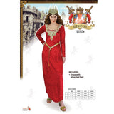Red Medieval Queen women's costume with gold trim and sequin belt
