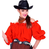 Woman wearing Red Pirate Blouse styled with western accessories
