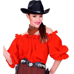 Women's Red Pirate Blouse with off-the-shoulder neckline – front view