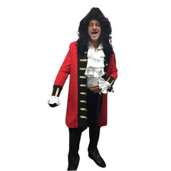 Red Pirate Captain Costume Hire, quality lined red jacket, frilly shirt, wig, hat with feather and boot tops.