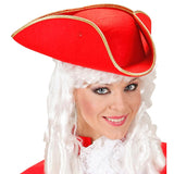 Woman wearing red pirate tricorn hat