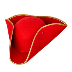 Red tricorn pirate hat made from polyester. Costume accessory for pirate, renaissance, or theatrical outfits.
