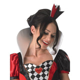Red Queen of Hearts Costume – close-up view highlighting the satin stand-up collar, sweetheart neckline, and foam tiara headpiece for a regal finish.