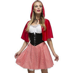 Red Riding Hood Costume with Black Corset - Fever, short and sassy dress, red check skirt, black corset bodice with white peasant look blouse and red hooded cape.