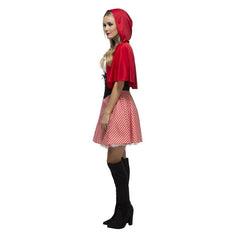 Red Riding Hood Costume with Black Corset - Fever, short and sassy dress, red check skirt, black corset bodice with white peasant look blouse and red hooded cape.