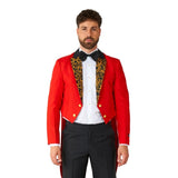 Detail of red ringmaster tailcoat costume trim and design