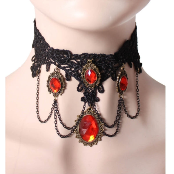 Red Ruby Lace Choker with black lace and red gem for gothic vampire and medieval costumes