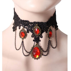 Red Ruby Lace Choker with black lace and red gem for gothic vampire and medieval costumes