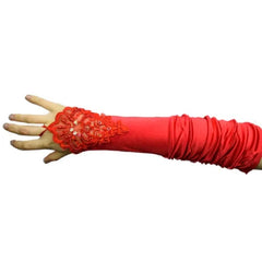 Red satin fingerless gloves with lace detailing