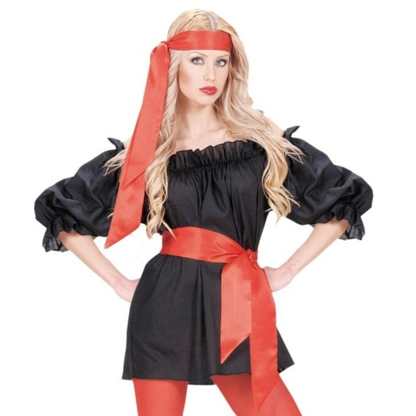 Woman Wearing Red Satin Sash and Headband with Pirate Costume