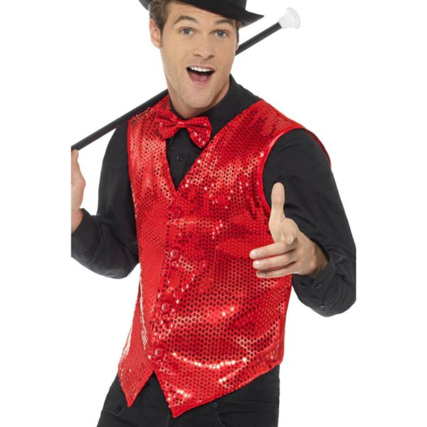 Red sequin waistcoat with satin back and adjustable tab – festive party and performance accessory