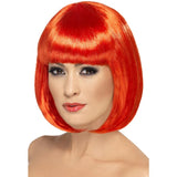 Sleek chin-length red bob wig with fringe, offering a classic and stylish look for parties and costume events.