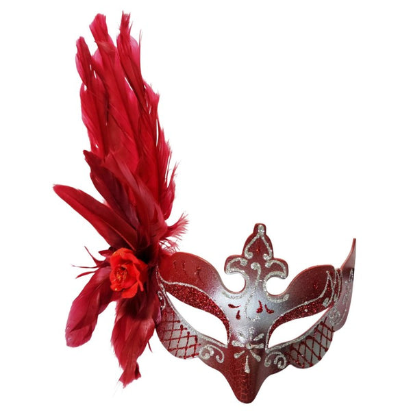 Red and silver feather masquerade mask with floral side detail and ribbon ties