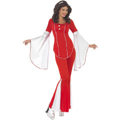 Red Super Trooper Costume with flared pants, white sleeve details, and star headband – perfect for 70s disco or Mamma Mia parties.