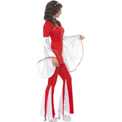 Red Super Trooper Costume with flared pants, white sleeve details, and star headband – perfect for 70s disco or Mamma Mia parties.