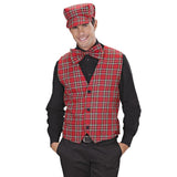 Man wearing the red tartan vest with novelty hat and tie.