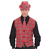 Man wearing a red plaid vest and hat on a white background