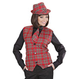 Woman wearing the red tartan vest