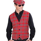 Man modelling the red tartan vest, perfect for Scottish theme events