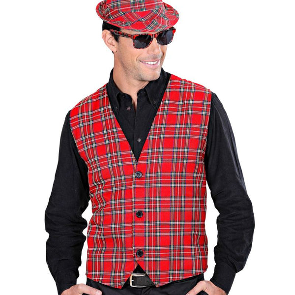 Man modelling the red tartan vest, perfect for Scottish theme events