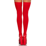 Leg Avenue Red Thigh Highs – back view without bows, showcasing the smooth opaque finish and snug over-the-knee fit.