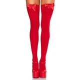 Leg Avenue Red Thigh Highs with Red Bows – front view featuring a vibrant red opaque finish and matching satin bow accents at the top for a flirty, eye-catching look.