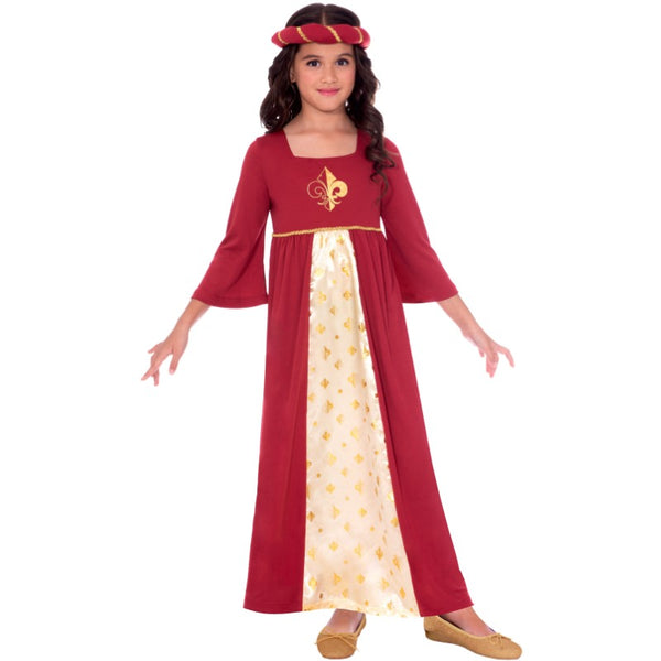 Red Tudor Princess Girls Costume, long dress with cream panel at front and fleur de le at chest in gold.