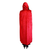 Back view of an adult red velvet hooded cape showing the full-length velvet cloak and hood.