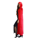 Side view of an adult red velvet hooded cape showing the full-length design and attached hood.