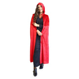 Adult wearing a red velvet hooded cape for medieval, fantasy, Red Riding Hood and theatre costumes.