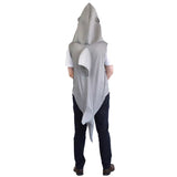 Reef Shark Adult Costume, foam bodysuit with hood and large opening for mouth and fins.