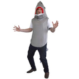 Reef Shark Adult Costume, foam bodysuit with hood and large opening for mouth, featuring large teeth.