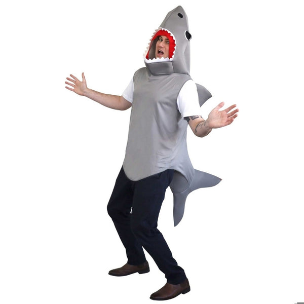 Reef Shark Adult Costume, foam bodysuit with hood and large opening for mouth.