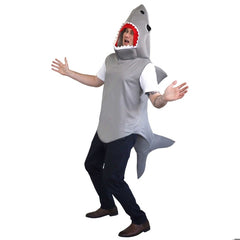 Reef Shark Adult Costume, foam bodysuit with hood and large opening for mouth.
