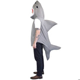 Reef Shark Adult Costume, foam bodysuit with hood and large opening for mouth, featuring fins.