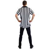Person wearing a black and white striped shirt on a white background