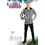 Person wearing a referee costume holding a soccer ball on a sports-themed background
