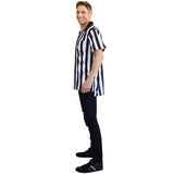 Man wearing a black and white striped shirt on a white background