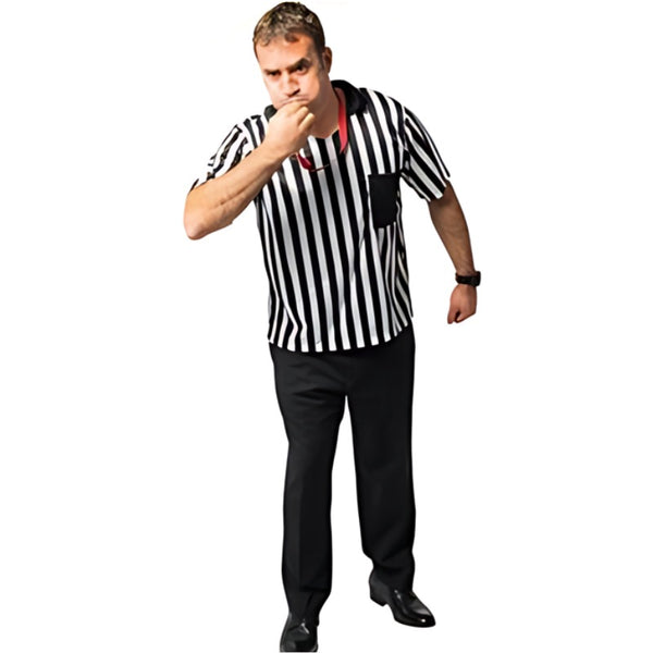 Referee Mens Shirt in black and white stripe, black collar and pocket.