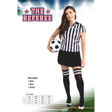 Costume set for a referee with shirt, skirt, and socks on a sports field background.