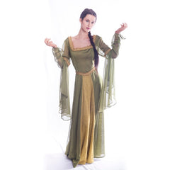 Regal Medieval Gown – Hire green and gold medieval princess dress front view Brisbane costume hire