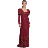 Bridgerton burgundy gown hire with embroidered empire waist, puff sleeves and square neckline