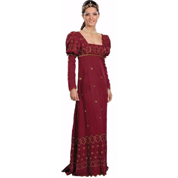Bridgerton burgundy gown hire with embroidered empire waist, puff sleeves and square neckline