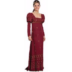 Bridgerton burgundy gown hire with embroidered empire waist, puff sleeves and square neckline