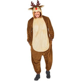 A man wearing a brown and beige reindeer onesie costume with antlers and a red nose on the hood, standing against a plain white background.